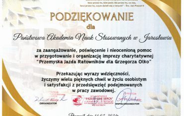 Podziękowania za zaangażowanie w imprezie charytatywnej pt. „Przemyska Jazda Ratowników dla Grzegorza Olko”